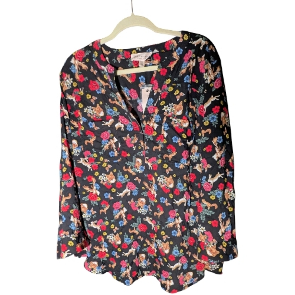 Philosophy Woman Woodland Fox Rabbit Henley Blouse 2X NWT $68